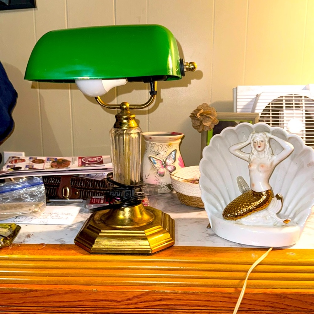 Vintage mermaid lamp and vintage bankers lamp